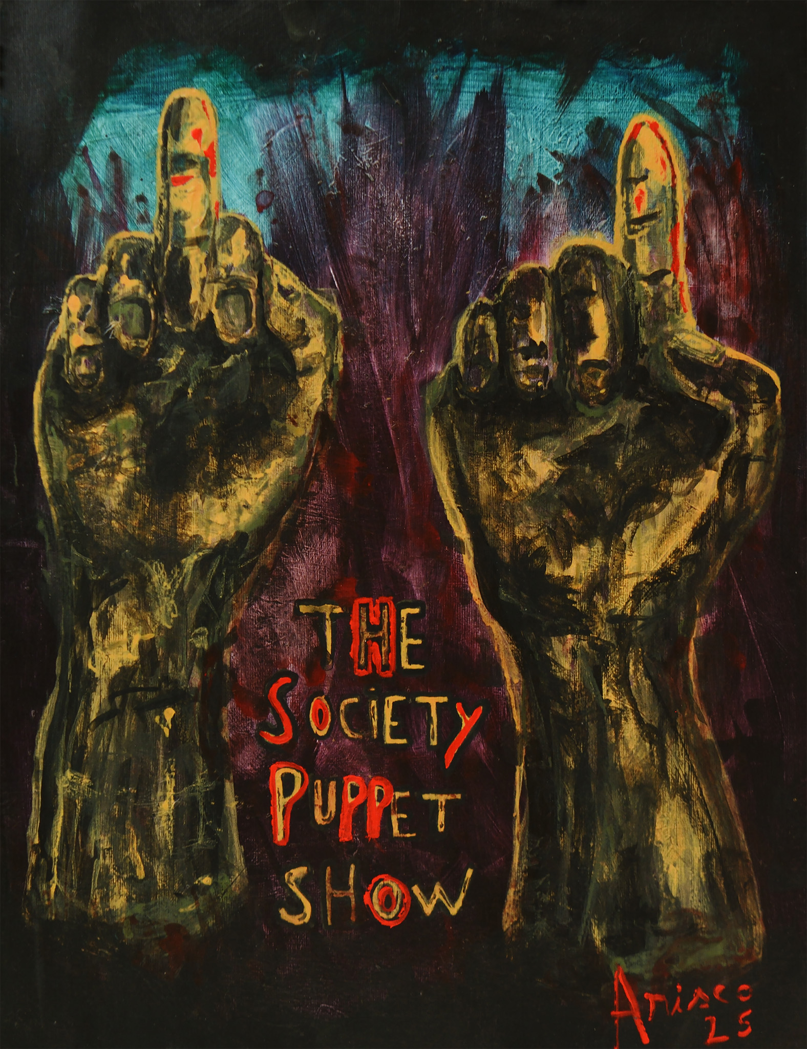 The Society Puppet Show, acrylic painting on paper by ARISCO.